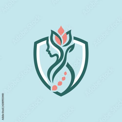 Logo of a female silhouette with a spine inside a shield