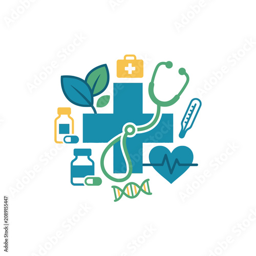 Medical icons arranged around a blue cross on white background