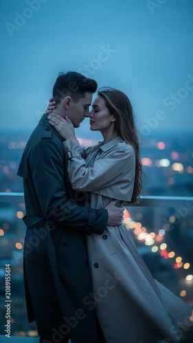 Young Caucasian Couple Embracing on City Balcony at Twilight Romantic Evening Date Concept Intimate Moment Between Man and Woman
