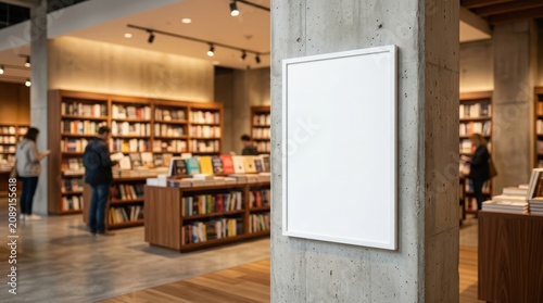 Blank White Poster Frame Mounted on Concrete Pillar Inside a Modern Public Library Bookstore Interior