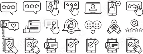 Bild auf Leinwand Speech Bubbles and Laptop Icons Set with Check Marks Stars Hearts and Happy Face