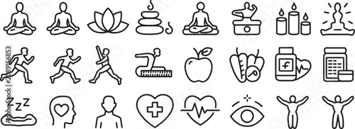 Yoga and Health Icon Set with Meditation, Candles, Heart, Apple, Sports Running and Medicine Symbols