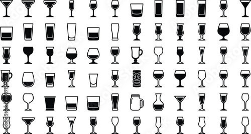 Cuadro en lienzo Alcohol drink glasses and bar glassware line icons set, beverage stemware vector