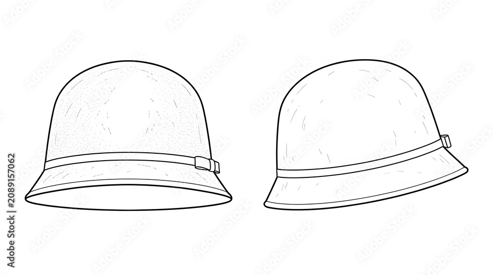 Fototapeta premium Cloche Hat Technical Flat Sketch Front Side View Vintage Fashion Vector Illustration