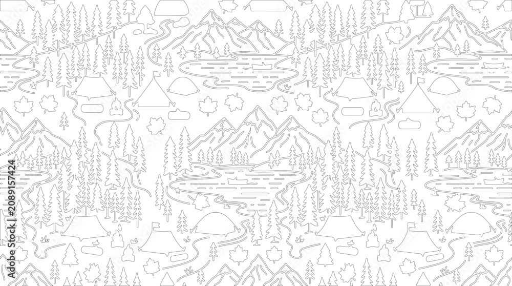Naklejka premium Seamless pattern with camping elements, mountains, trees and tents
