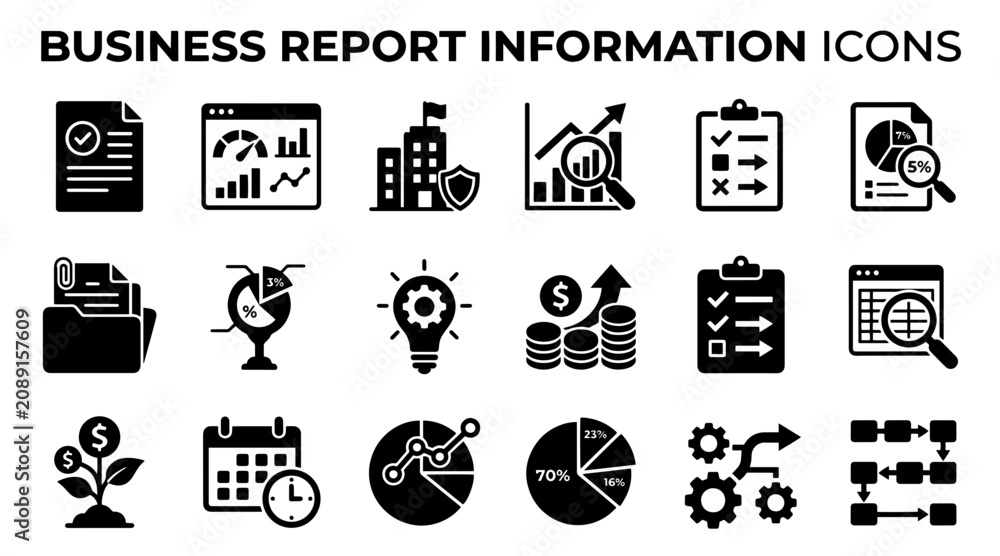 Obraz premium Set of Business Report Information Icons Featuring Financial Charts and Data Analysis Symbols