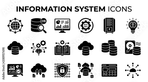 Set of black silhouette information system icons representing data management and digital technology