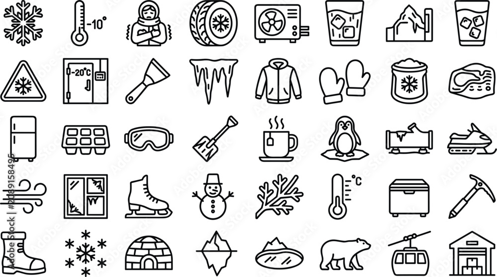 Naklejka premium Winter Season and Extreme Cold Weather Icon Set Featuring Snowflakes Thermometers Ice Icicles Snowman Penguin Polar Bear and Winter Sport Symbols