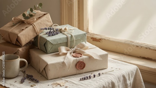 Gift boxes wrapped in eco-friendly paper as a visual concept for luxury branding, boutique retail marketing, holiday sales and social media advertising.