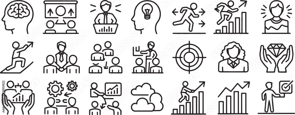 Fototapeta premium Business Icons Set with Brainstorming Head, Analytics Graphs, Target Success, and Leadership Elements in Outline Style