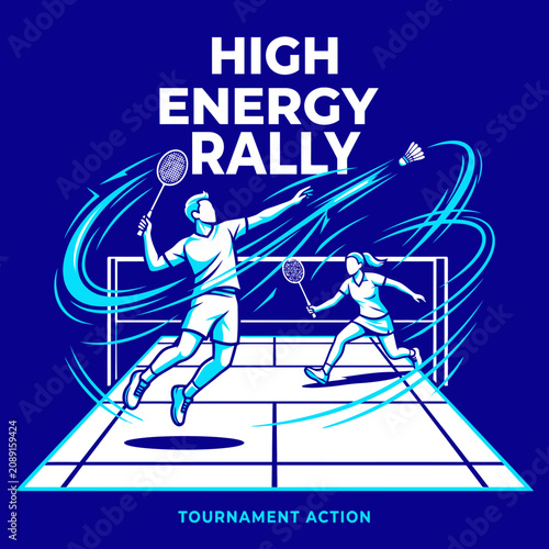 Dynamic Badminton Players In High Energy Match Action Dynamic Illustration