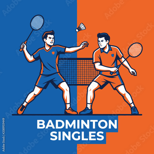 Dynamic Badminton Singles Match Play Illustration With Determined Athletes Competing Fiercely