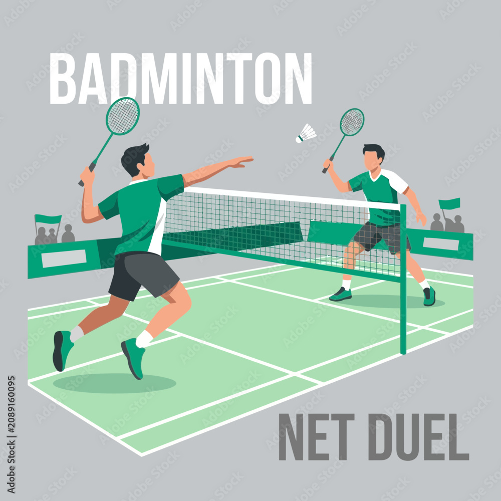 Obraz premium Dynamic Badminton Match Play Action Two Players Competing On Court