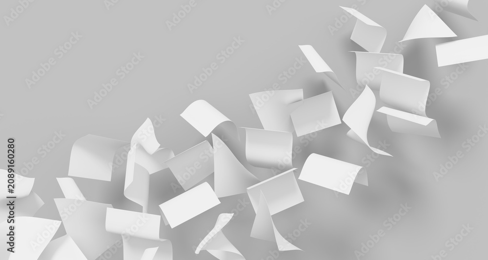 Fototapeta premium Dynamic blank white paper sheets flying and swirling diagonally on gray 3d background. Render realistic curled, scattered pages of wind movement, document chaos or creative workflow. 3D illustration