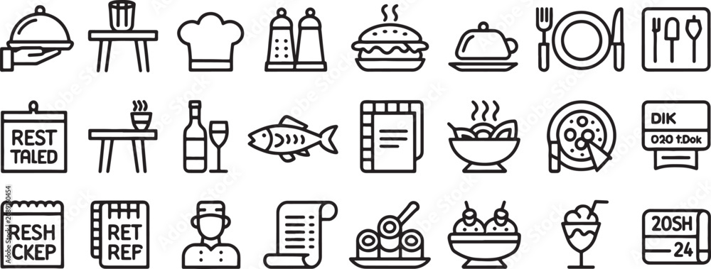 Fototapeta premium Restaurant Kitchen Utensil Icons Set with Chef Hat, Salt Shaker, Fork Knife, and Food Plates Line Style