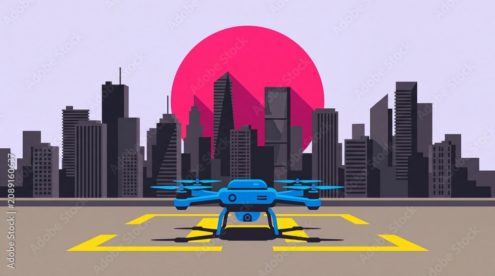 Obraz premium Quadcopter drone on rooftop landing pad with city skyline vector illustration