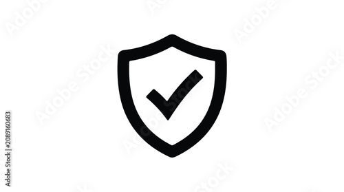 Shield icon with checkmark symbol, security and protection concept, safety guarantee sign, verification and validation icon in black and white
