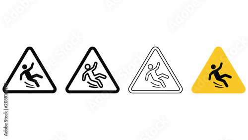 Photos Four triangular warning signs with slipping person icons on white background