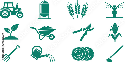 Agriculture and smart farming green flat icon set vector illustration with tractor silo
