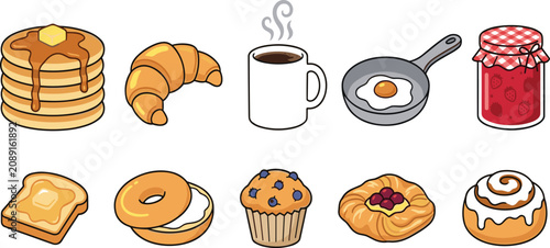 Breakfast food icon vector set with pancakes coffee egg pastries and strawberry jam isolated on white