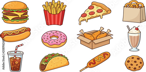 Fast food icon vector set with burger pizza fries hot dog taco isolated on white