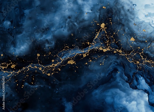 Abstract alcohol ink painting background in deep navy blue and midnight colors with luxury gold veins and glitter ripples.