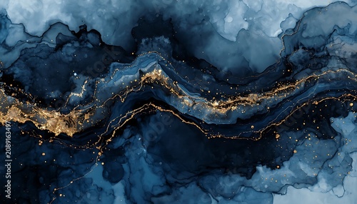 Abstract alcohol ink painting background in deep navy blue and midnight colors with luxury gold veins and glitter ripples.