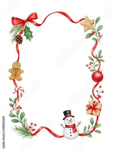 Watercolor Christmas Frame with Snowman, Gingerbread Man and Festive Red Ribbon, Isolated on Transparent and White Background