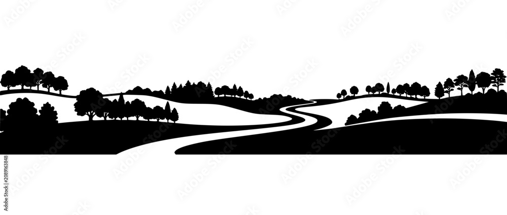 Obraz premium Black and White Landscape Silhouette with Winding Road and Trees