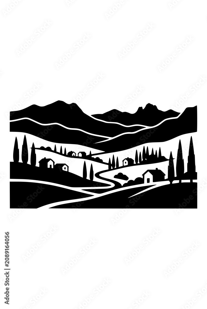 Fototapeta premium Rural landscape illustration with mountains houses and cypress trees in black and white