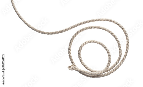 Natural braided cotton rope arranged in spiral coil, isolated on cutout transparent background