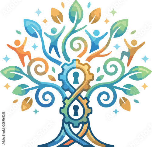 Growth Tree with People and Gears Logo