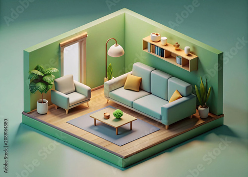 A cozy living room with a light blue couch and armchair, surrounded by plants and a coffee table in a serene and peaceful atmosphere.