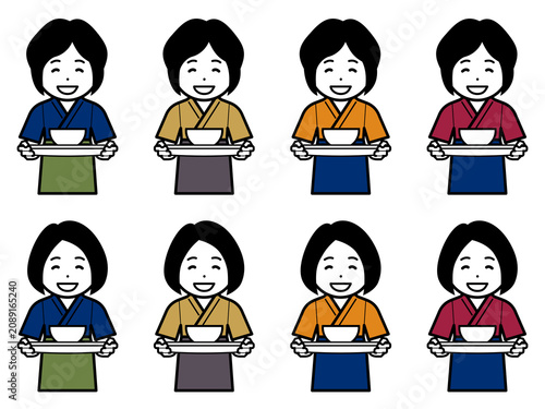 [髪型違い] 丼を運ぶ作務衣に前掛けの女性のアイコン