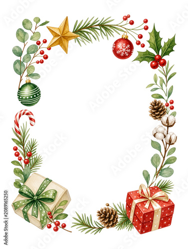 Watercolor Christmas Frame with Gifts, Ornaments and Pine Branches, Isolated on Transparent and White Background