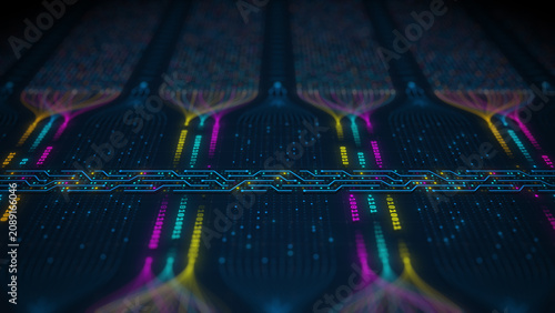 Abstract big data visualization and AI neural network concept with digital circuit lines illustration