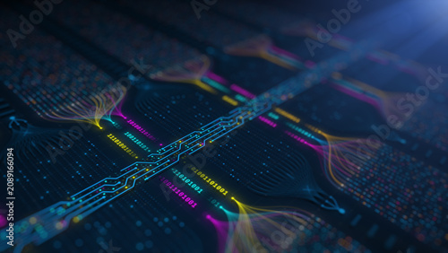 Abstract big data visualization and AI neural network concept with digital circuit lines illustration