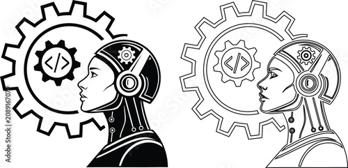 Artificial intelligence robot head set with coding symbol and large gear background, in black and, white style