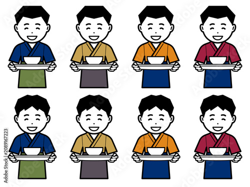 丼を運ぶ作務衣に前掛けの男性のアイコン