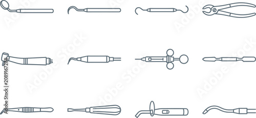 Slika na platnu Dental Instrument Line Icon Set with Mirror, Explorer, Scaler, Syringe, Forceps,