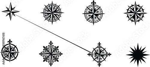Obraz na płótnie Compass Rose Silhouette Collection with Vintage Nautical Wind Rose Navigation Sy