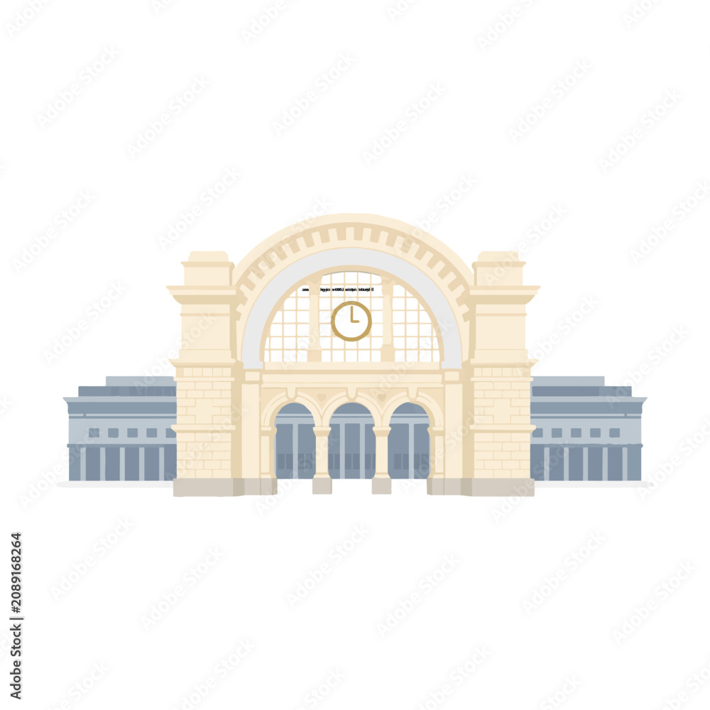 Obraz premium Classical railway station facade with arched window and clock, flat vector illustration