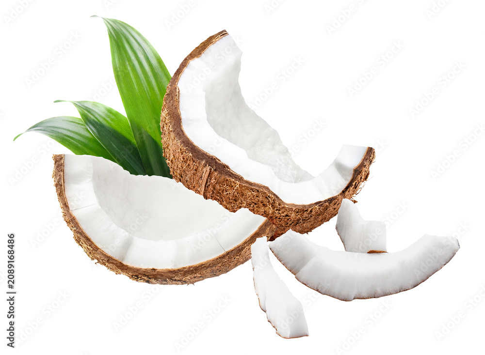 Fototapeta premium Coconut pieces with green leaves, isolated on transparent cutout background