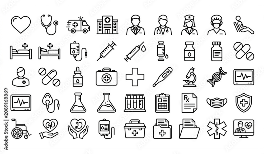 Fototapeta premium Medical and Healthcare Line Icon Collection Vector with Hospital Heart and Doctor Symbols