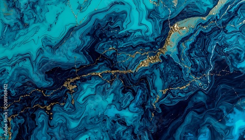Blue marble luxury background. Alcohol ink texture with gold veins, cyan, and navy liquid swirly pattern.