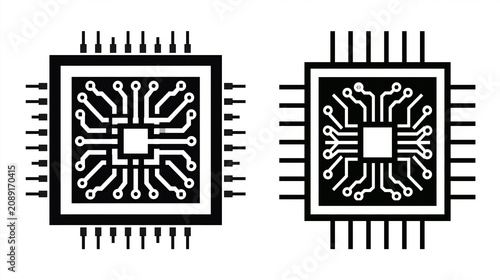 A detailed illustration of two integrated circuit chips with complex wiring and pin layouts