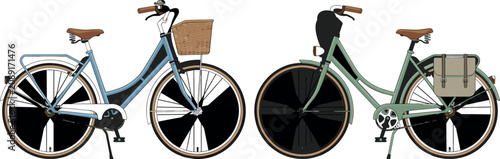 Tableau sur toile Vintage City Bicycle Vector Set Featuring Classic Ladies Cruiser Bikes With Fron