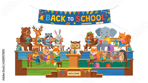Obraz na plátně Back to School Celebration with Animals: A whimsical scene unfolds as anthropomorphic animal characters gather on bleachers for a Back to School event, with an owl presiding at a podium