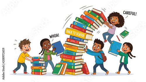 Tablou pe pânză Kids Struggle with Tower of Books: A group of excited children struggle to balance a precarious tower of colorful books, with some books falling and others being added