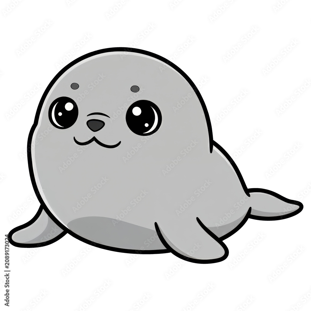 Fototapeta premium Cute Seal Cartoon: A charming, simplified illustration of a baby seal with large, expressive eyes and a sweet smile, perfect for children's designs and aquatic themes.